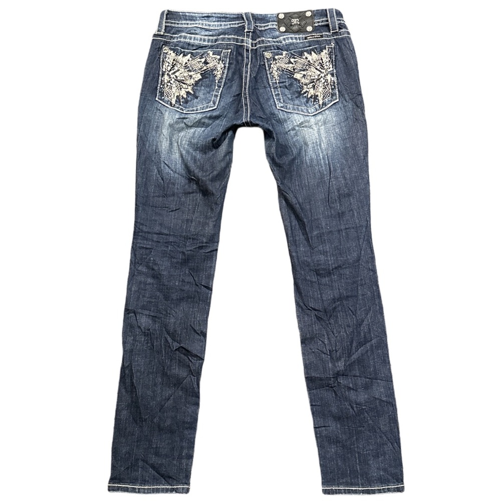 Y2K MISS ME women's dark wash faded skinny embroidered jeans, 30".